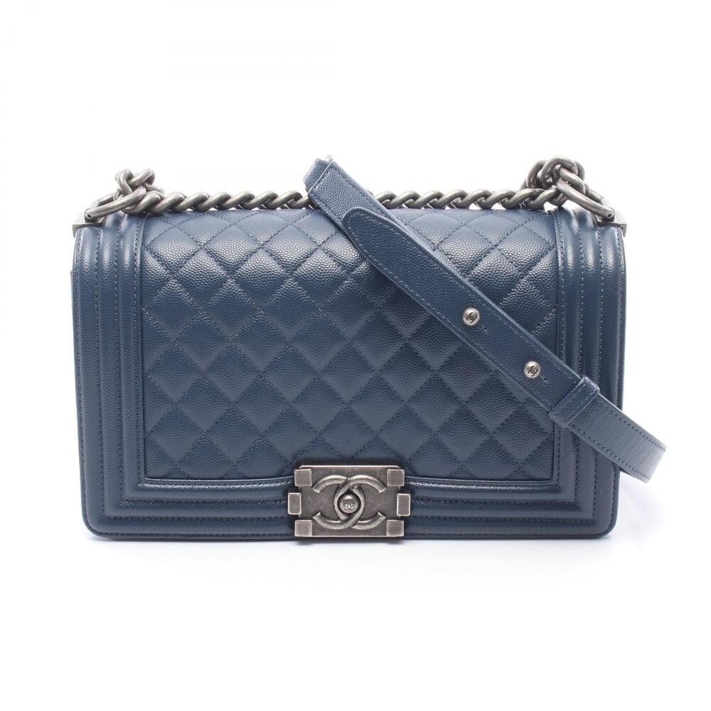Chanel Boy Shoulder Bag Caviar Leather Grained Calfskin Navy Blue